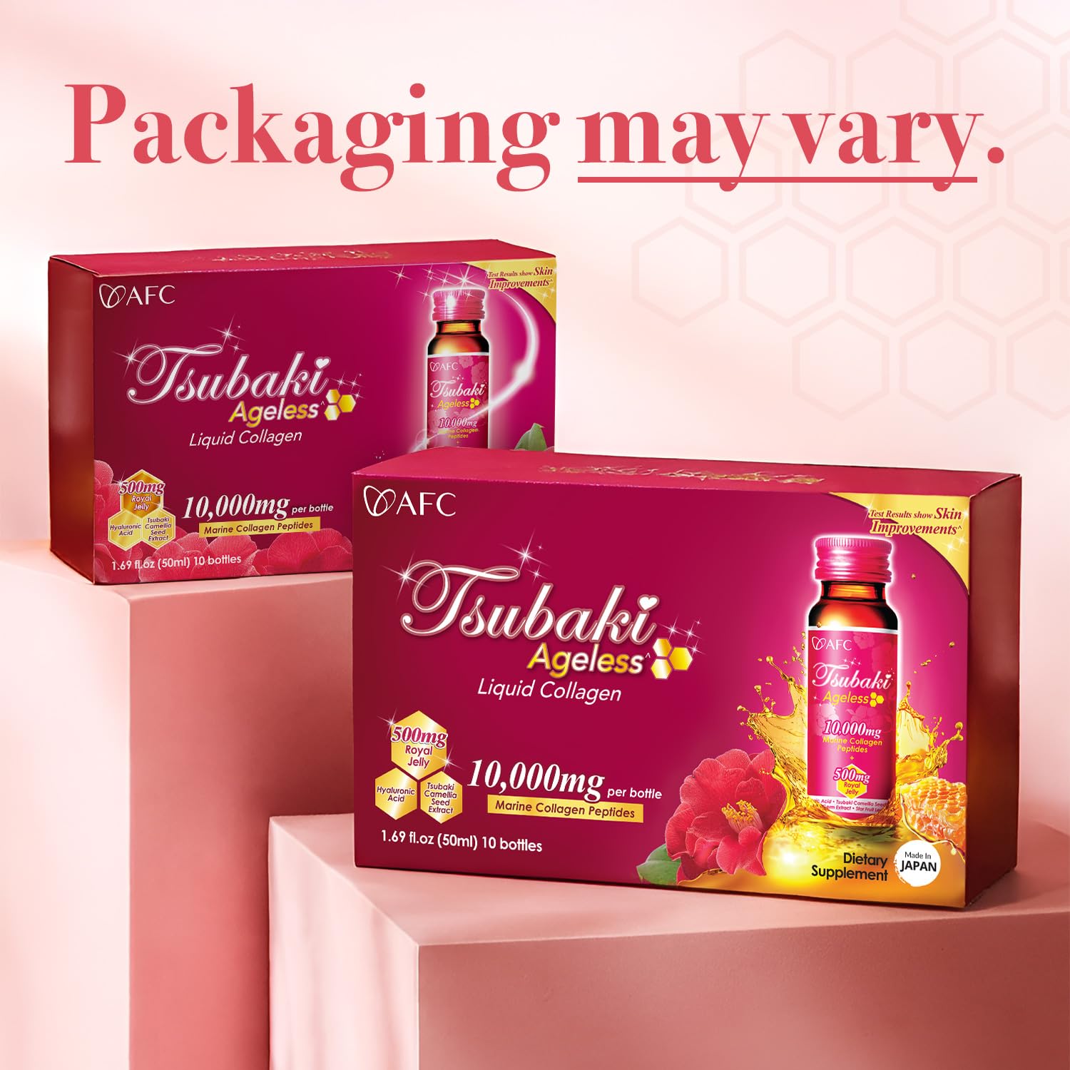 AFC Tsubaki Ageless benefits icons suggest elasticity and moisture support.