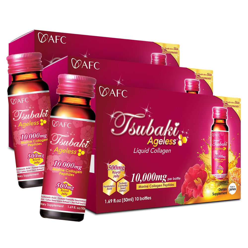 AFC Tsubaki Ageless bottle pouring to showcase hydration support for skin.