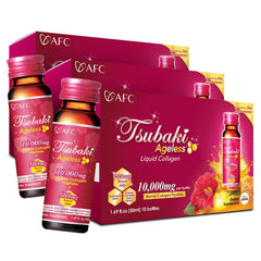 AFC Tsubaki Ageless bottle pouring to showcase hydration support for skin.