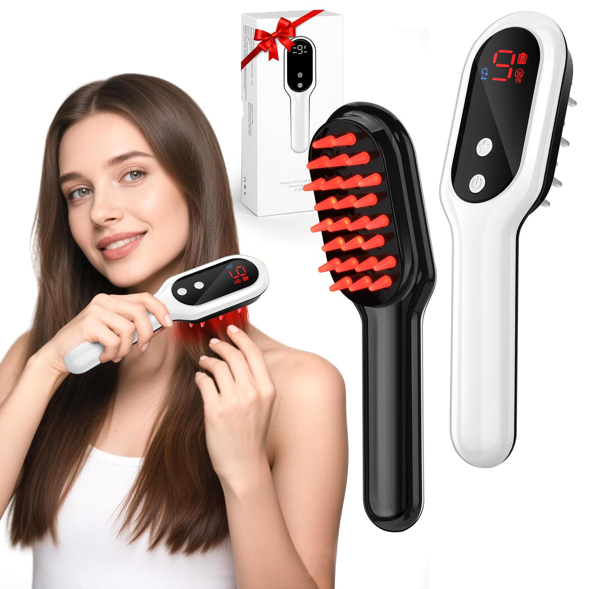 AFFLAT 3-in-1 comb with red light for scalp nourishment and relaxation.