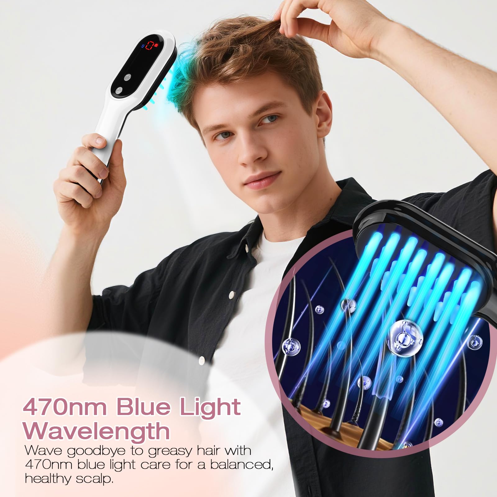 AFFLAT 3-in-1 comb demonstrates soothing scalp massage via vibration.