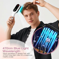 AFFLAT 3-in-1 comb demonstrates soothing scalp massage via vibration.