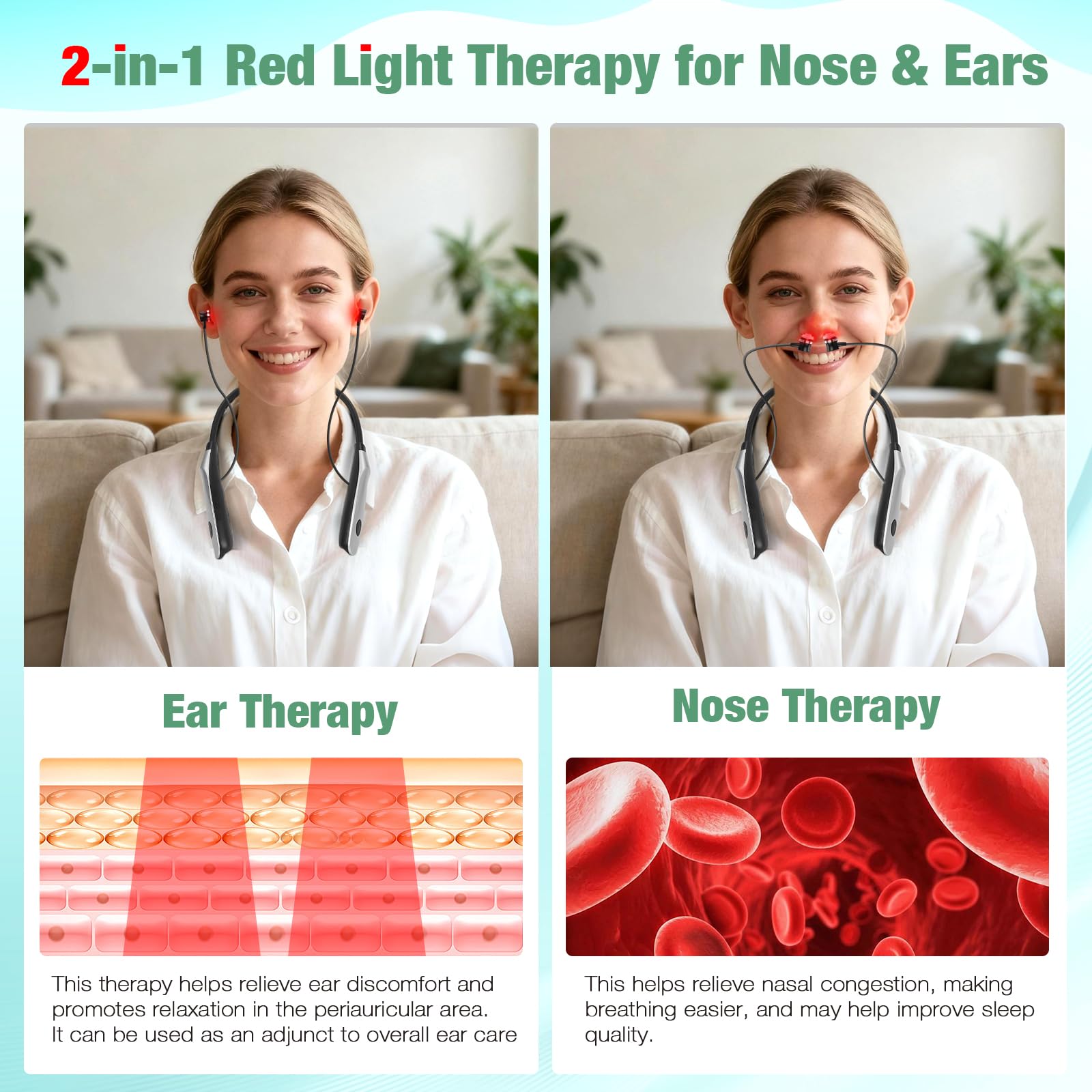 AFFLAT neck-wearable red light therapy for hands-free nose and ear sessions.