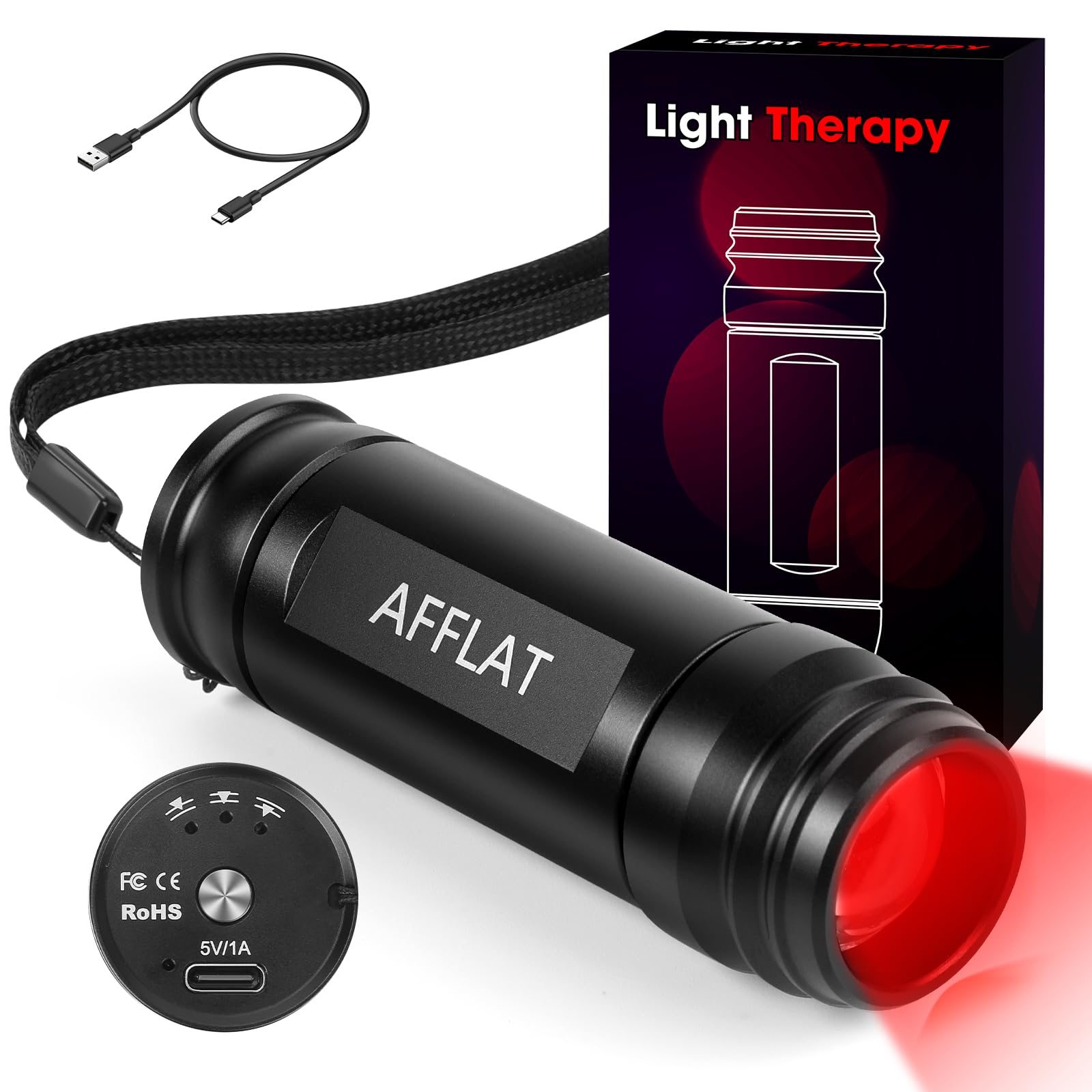AFFLAT red light therapy flashlight front view for portable comfort after activities.