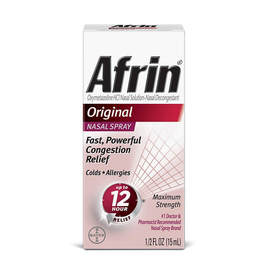 Afrin Nasal Spray bottle offers quick, up to 12-hour relief from nasal congestion.