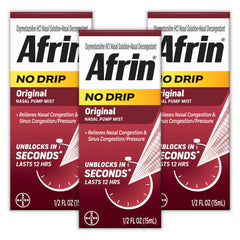Afrin No Drip Original nasal mist bottle-pump for fast, mess-free relief.