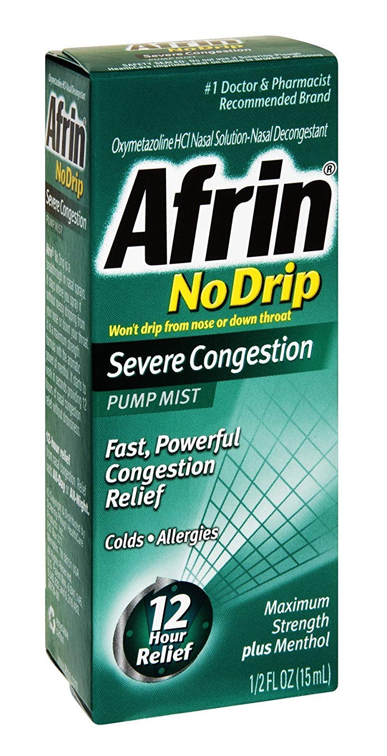 Afrin No Drip pump mist bottle provides quick nasal congestion relief with menthol.