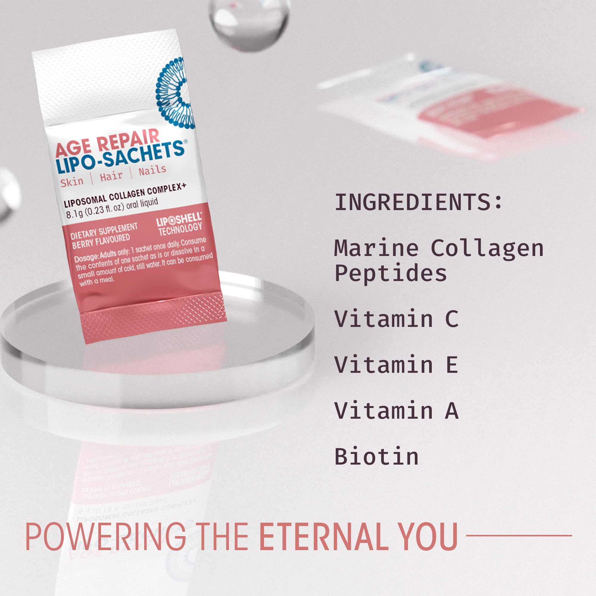 Glass of water with a dissolved AFT Age Repair sachet for daily routine.