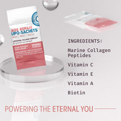 Glass of water with a dissolved AFT Age Repair sachet for daily routine.
