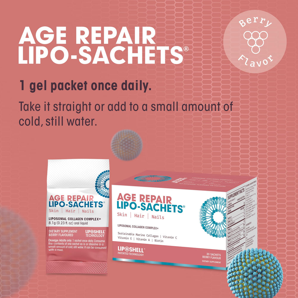 Morning routine scene with AFT Age Repair sachets and skin glow backdrop.