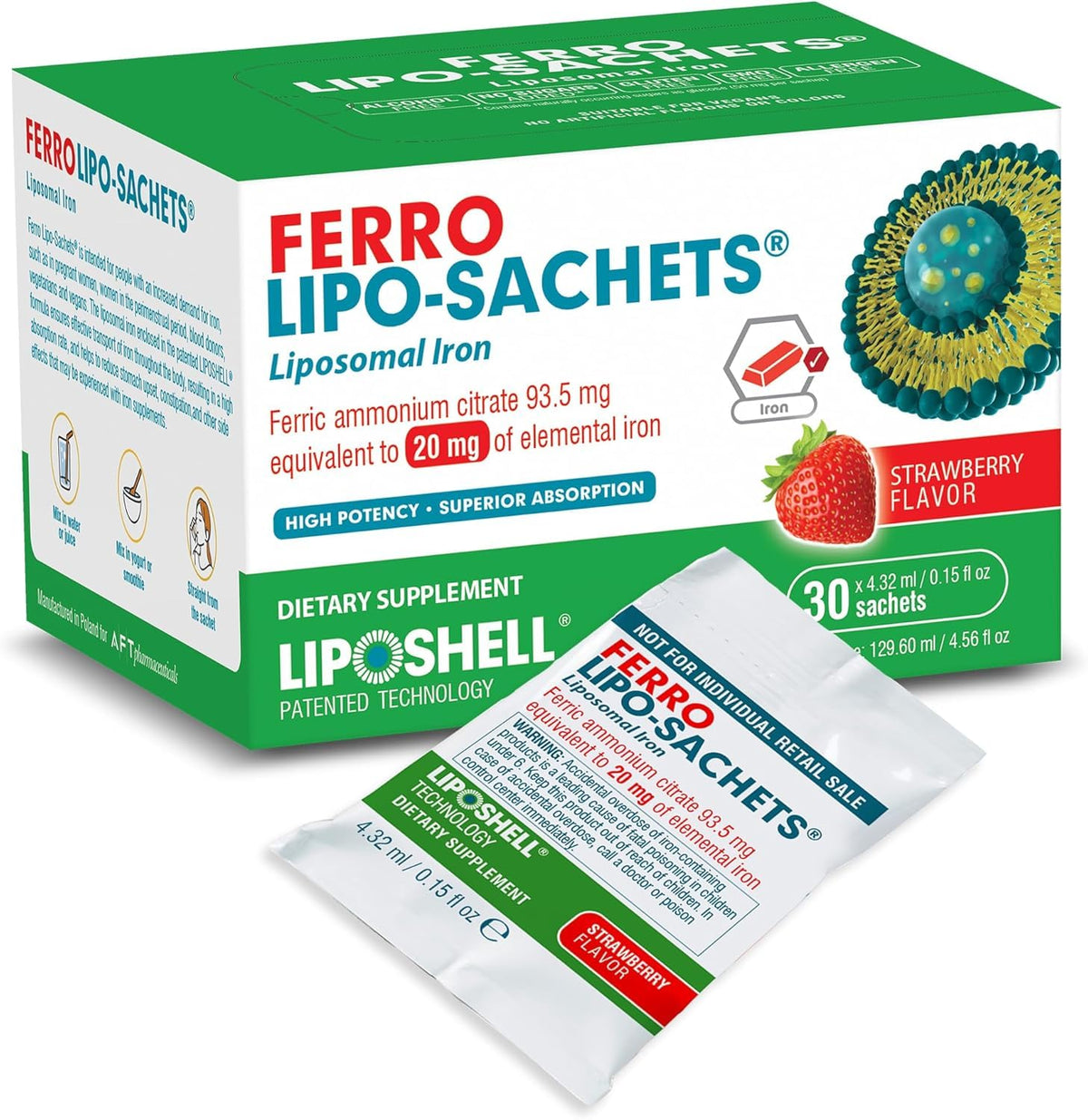 AFT Ferro Lipo-Sachets bottle packaging supports convenient daily iron intake.