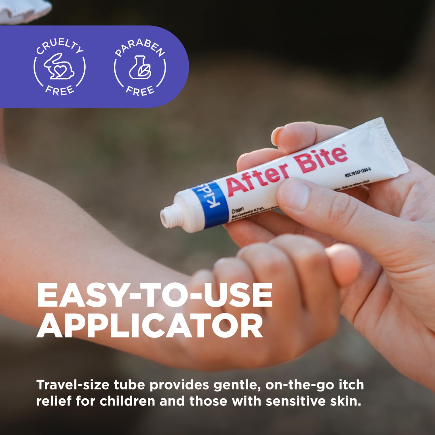 After Bite Kids cream tube closeup, fast action for mosquito bites.
