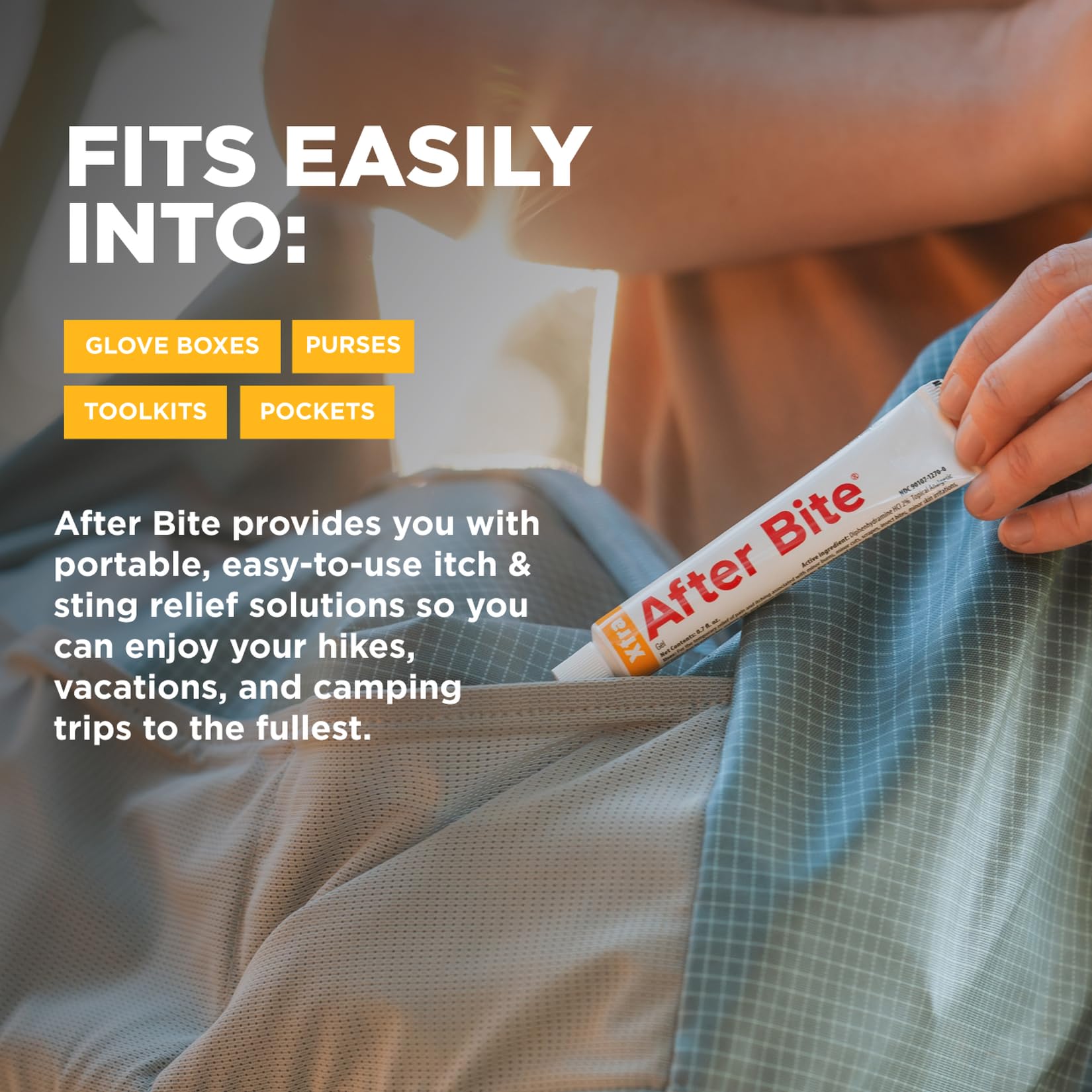 Travel-size After Bite Xtra Formula pack in a bag.