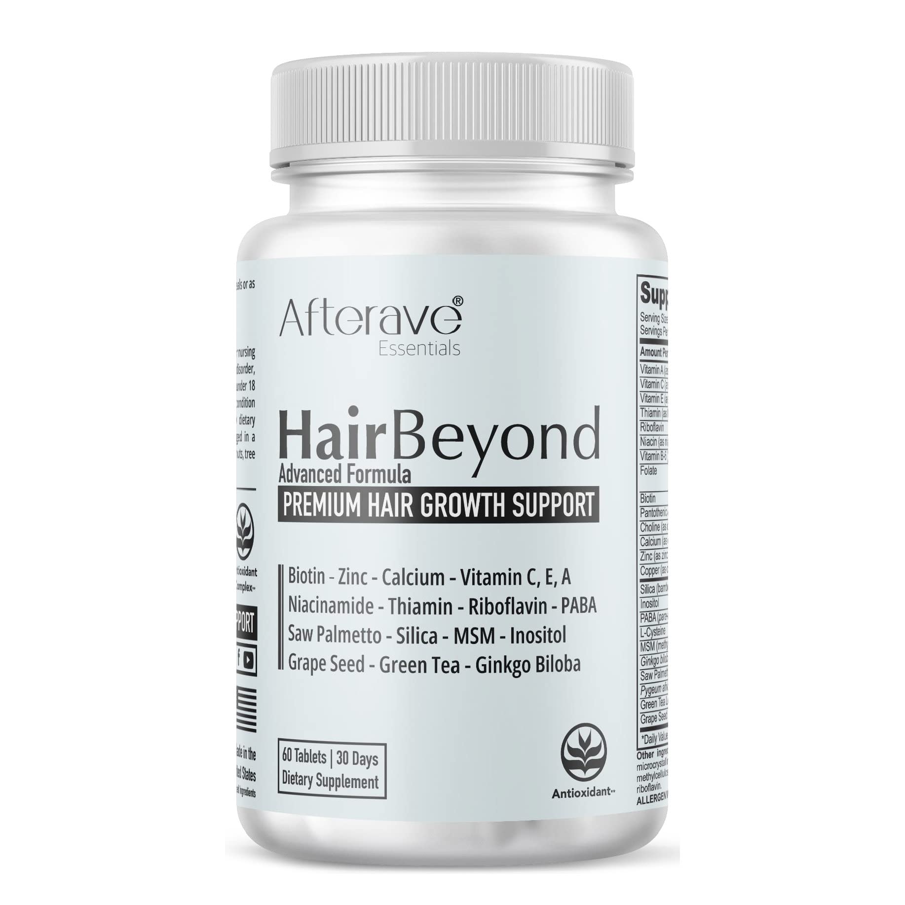 Afterave Essentials HairBeyond bottle cap close-up showing packaging for hair growth support