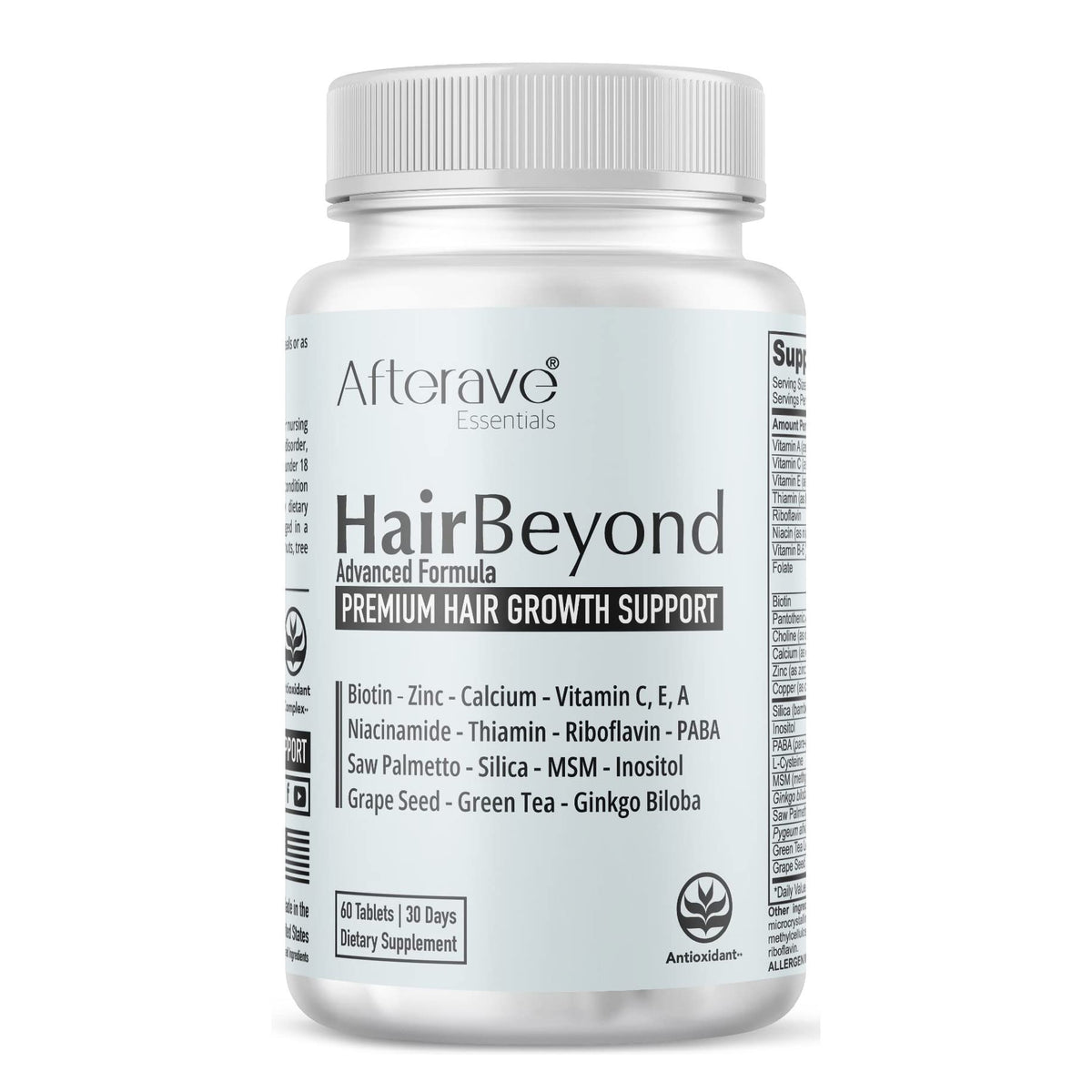 Afterave Essentials HairBeyond bottle cap close-up showing packaging for hair growth support