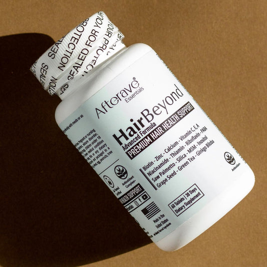 Afterave Essentials HairBeyond label close-up with branding and ingredient notes
