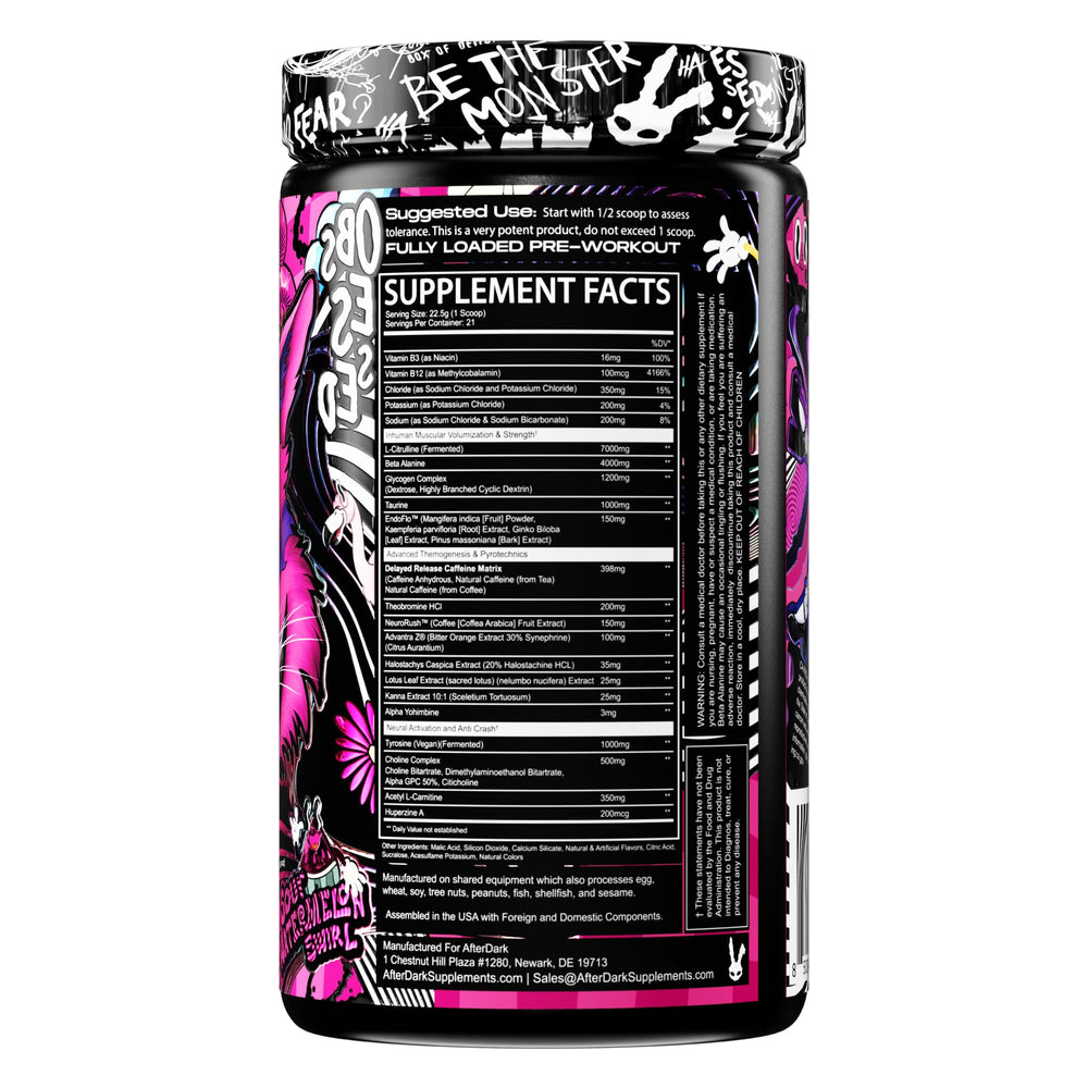 AFTERDARK INHUMAN tub and scoop image highlights easy pre-workout dosing for sustained energy.