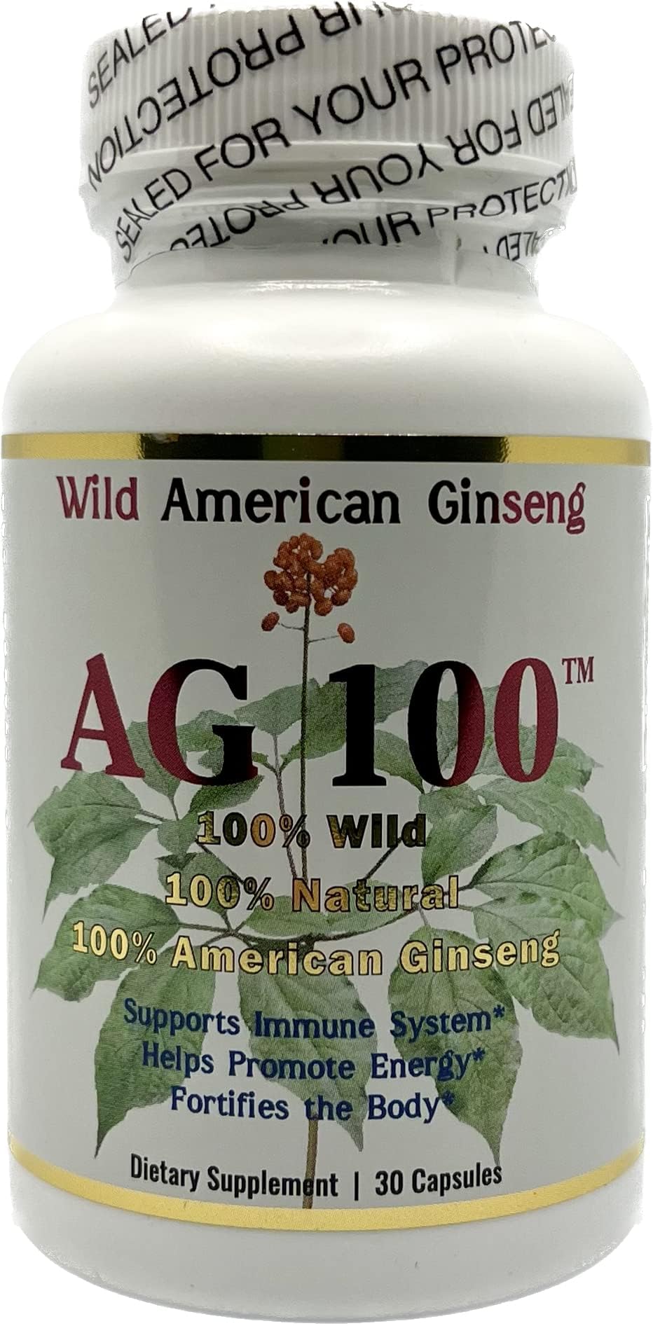 AG 100 bottle of wild American ginseng capsules for easy daily use and energy support.