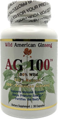 AG 100 bottle of wild American ginseng capsules for easy daily use and energy support.
