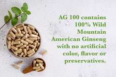 AG 100 wild American ginseng root highlights natural source and heritage.