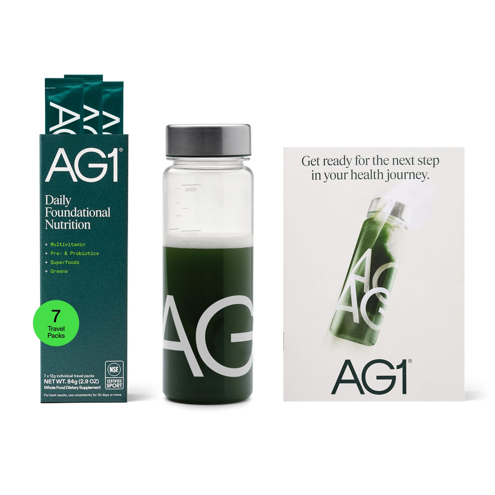 AG1 Athletic Greens starter kit packaging showcasing convenient daily nutrition for busy mornings