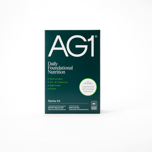 AG1 seven travel packs laid out for on-the-go nutrition and consistency
