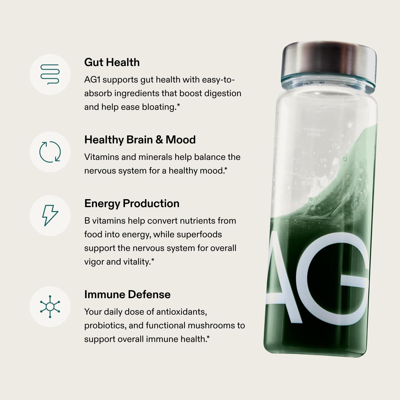 AG1 bottle and sachets beside a glass highlighting versatile nutrition options
