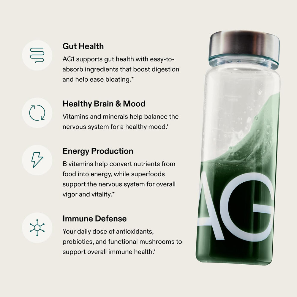 AG1 bottle and sachets beside a glass highlighting versatile nutrition options
