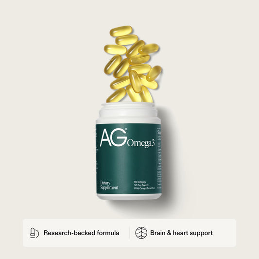 AG1 Omega3 bottle and capsules closeup with high-potency EPA and DHA