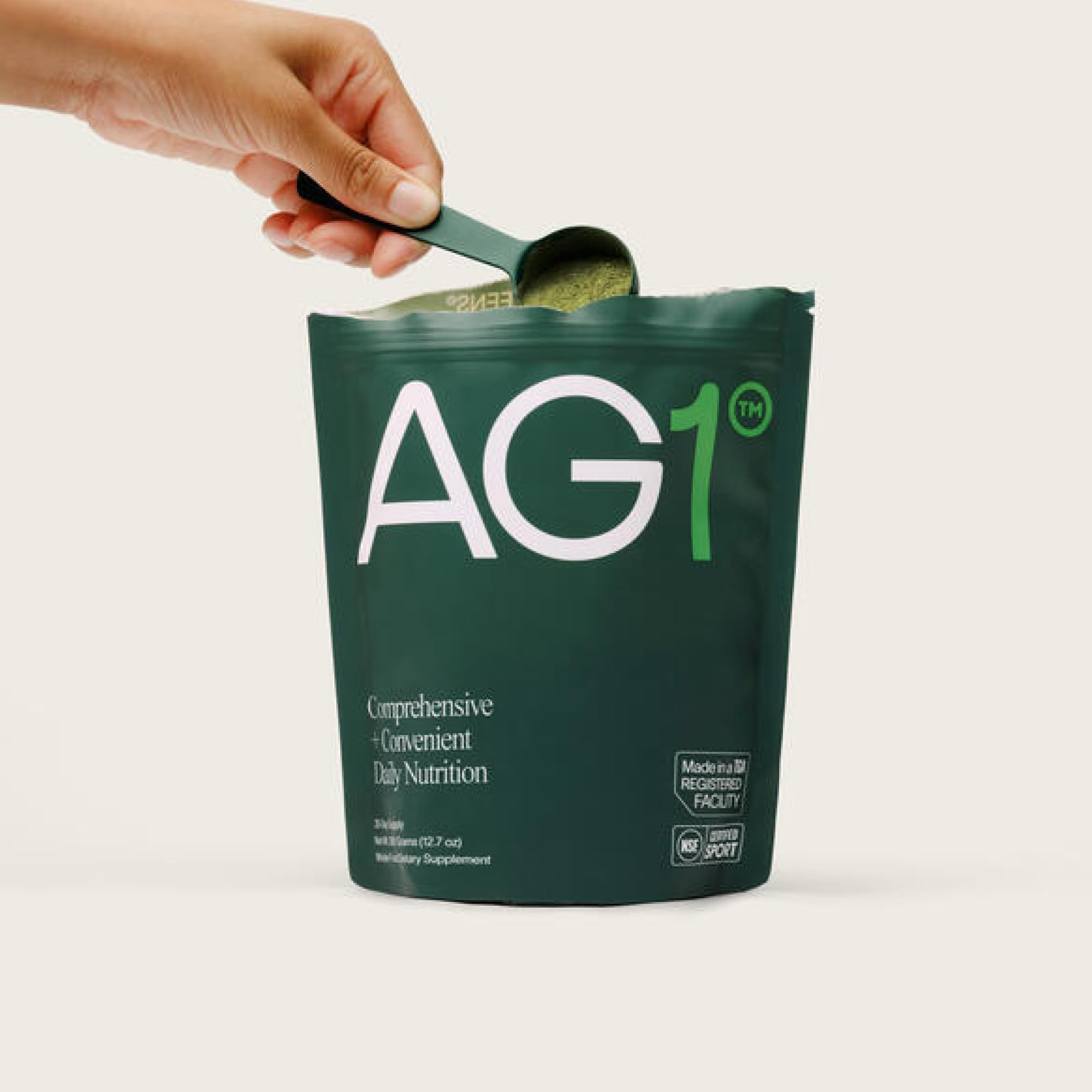 AG1 packaging recycling eco emphasizes sustainable, recyclable pouch.