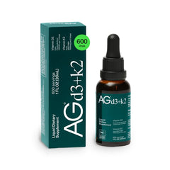 AG1 D3+K2 drops bottle shows oil-based formula for absorption.
