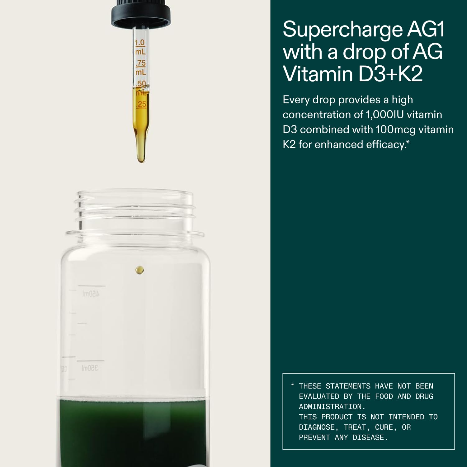 AG1 D3+K2 drops on tongue allow fast, customizable dosing.