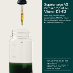 AG1 D3+K2 drops on tongue allow fast, customizable dosing.
