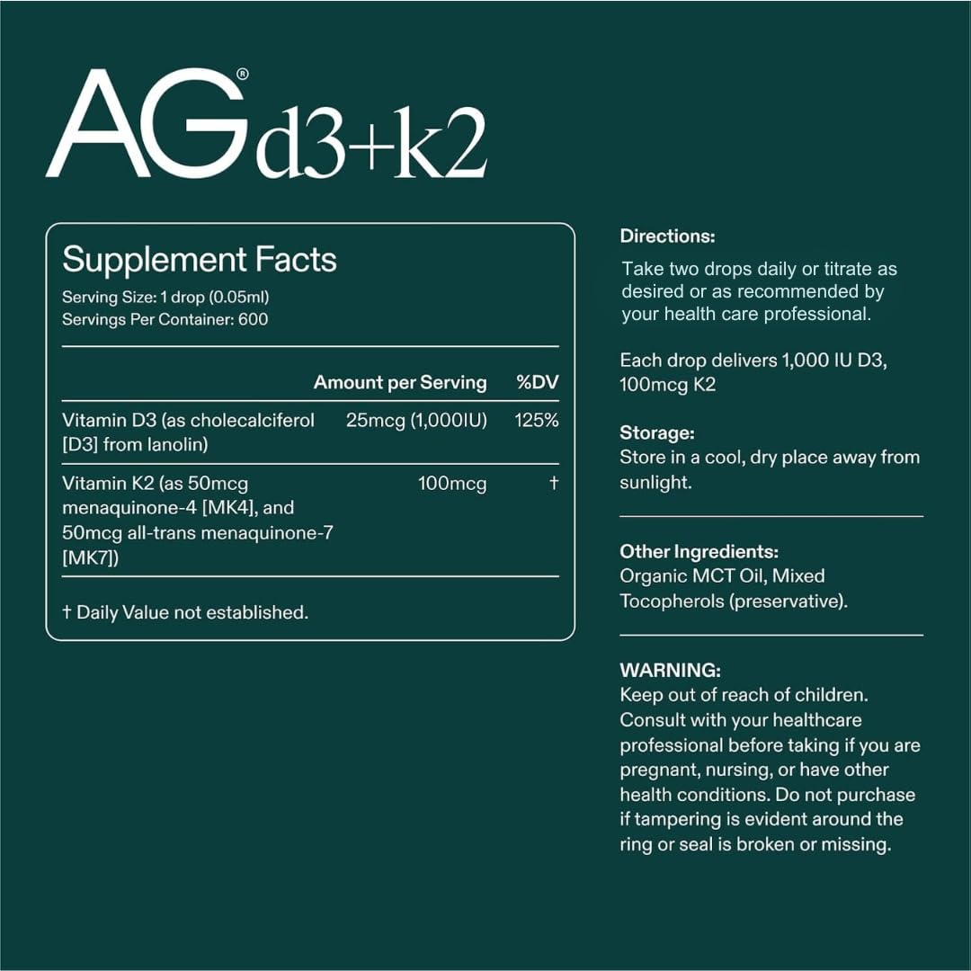 AG1 D3+K2 drops added to water for easy daily intake.