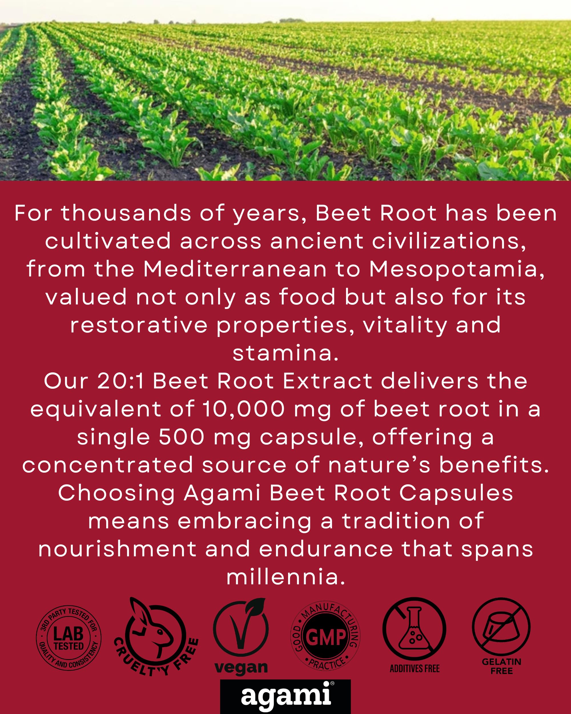 Agami Beet Root Capsules gluten-free label on packaging