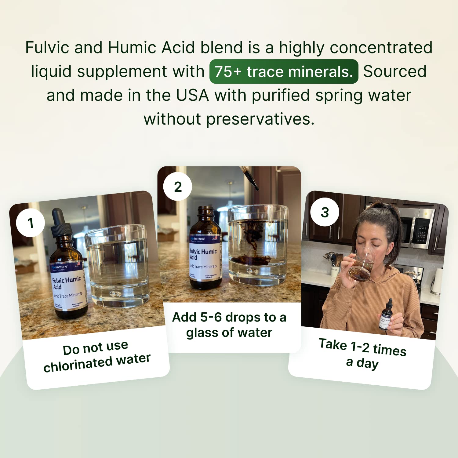 AgeImmune Fulvic Humic Acid drops added to a glass of water
