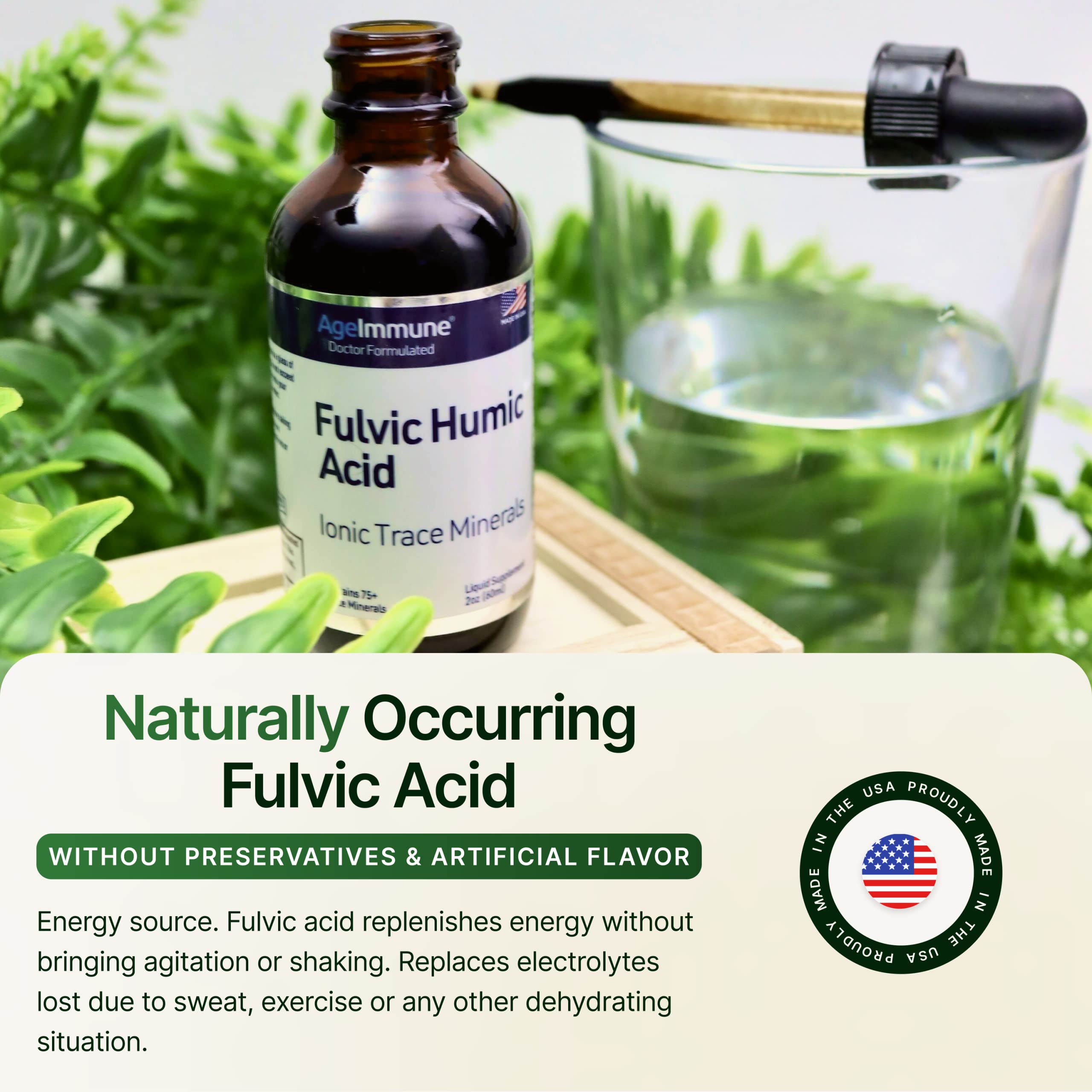 AgeImmune Fulvic Humic Acid product label highlights vegan minerals