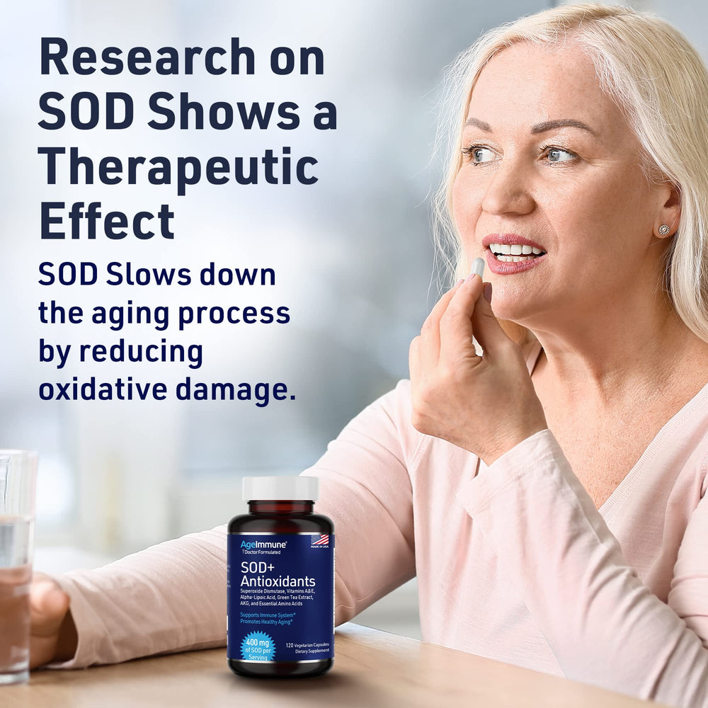 AgeImmune SOD ingredients on glass highlighting ALA and Green Tea