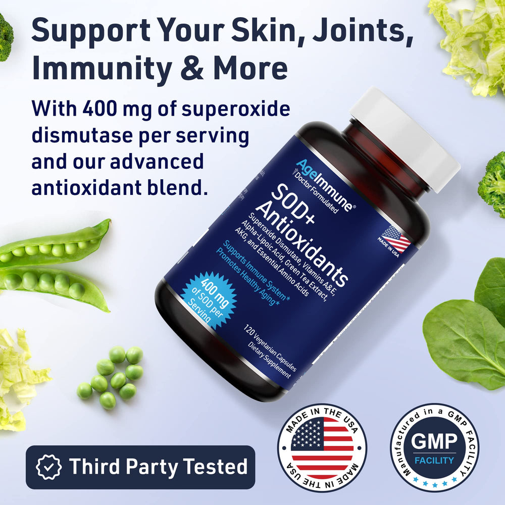 Closeup of AgeImmune SOD Antioxidants label with 400 mg SOD