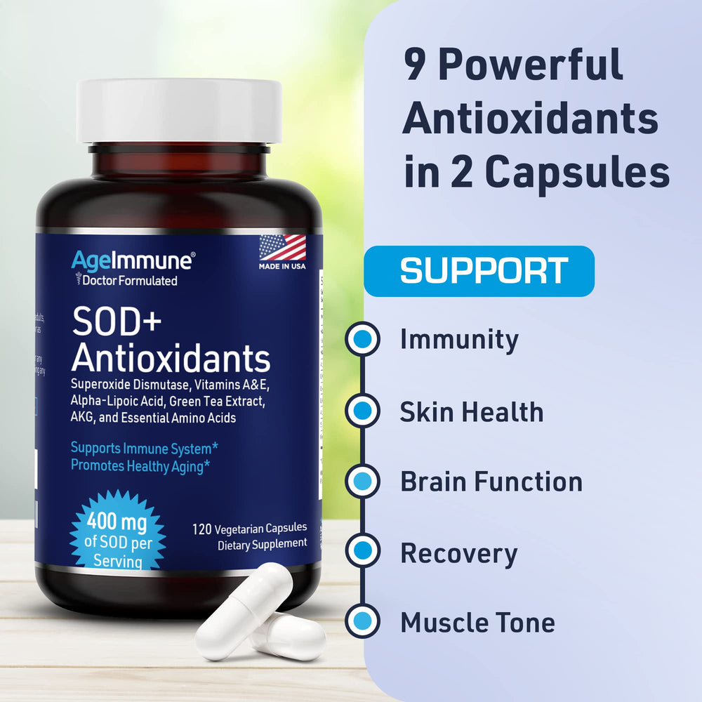 AgeImmune SOD packaging front shows vegan, allergen-free formula
