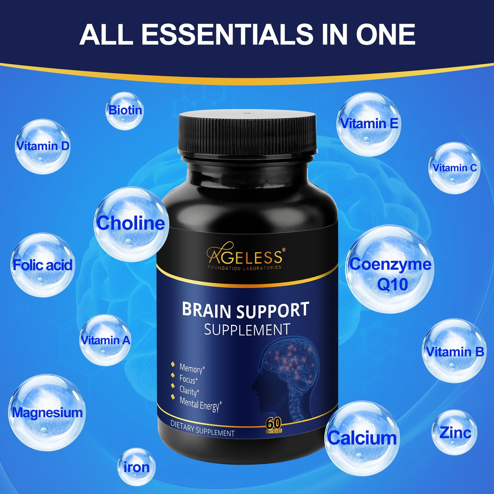 Ageless Foundation Labs brain tablets closeup, convenient daily capsules