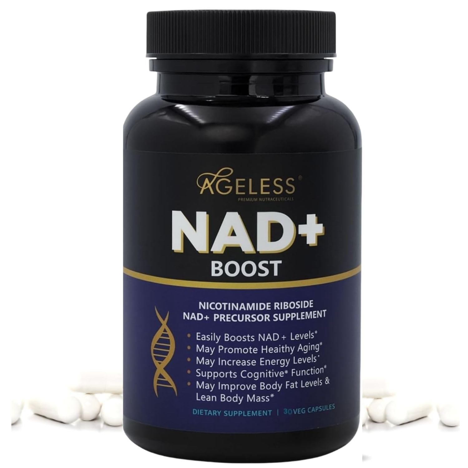 Ageless Foundation Labs NAD bottle front view for daily energy support
