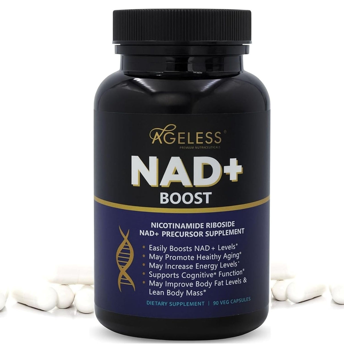 Ageless Foundation Laboratories NAD+ supplement bottle close-up highlighting energy support.