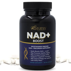Ageless Foundation Laboratories NAD+ supplement bottle close-up highlighting energy support.