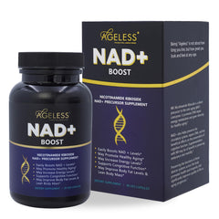 Ageless Foundation Laboratories NAD+ supplement on countertop for daily energy.