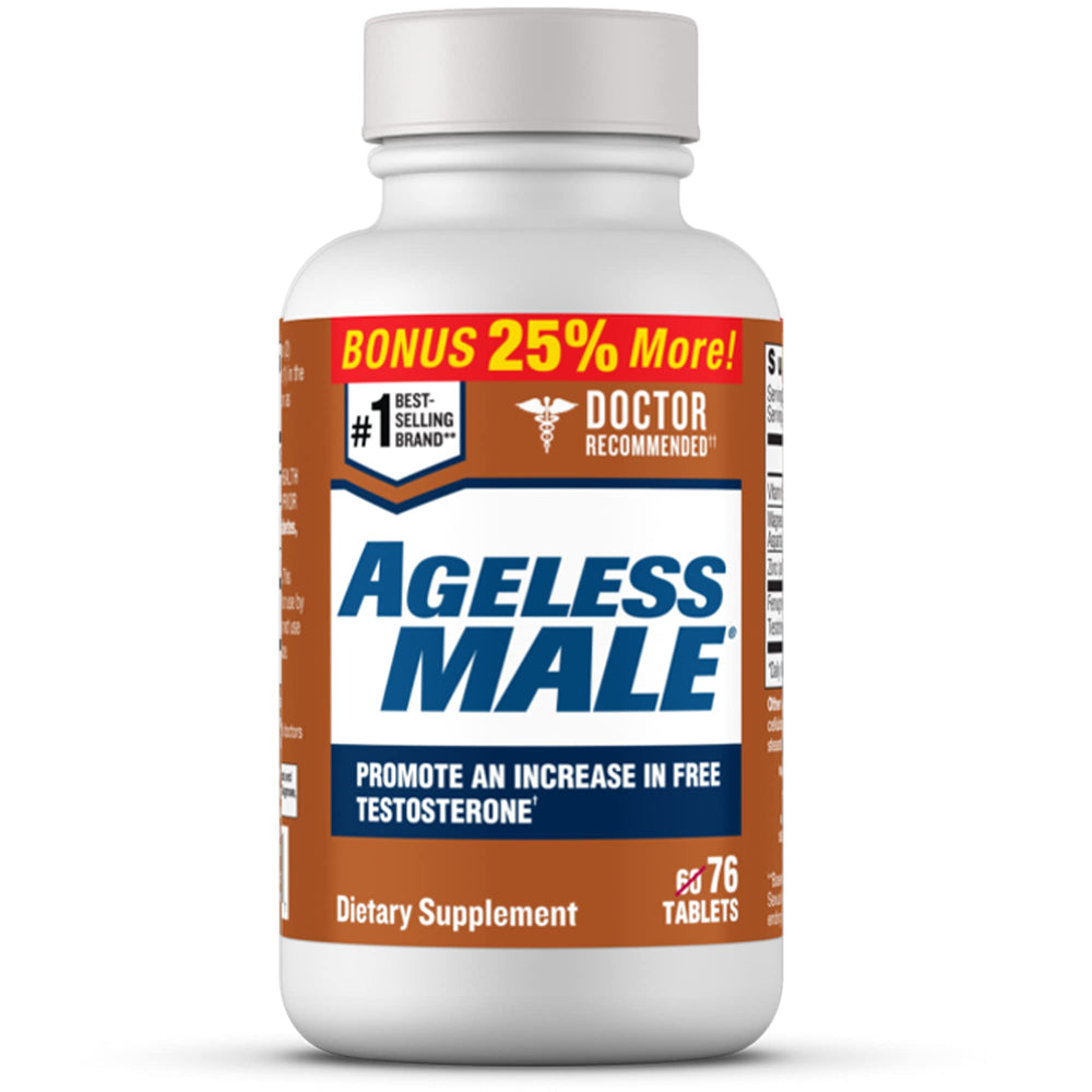 Ageless Male free-testosterone tablets on bottle for daily vitality
