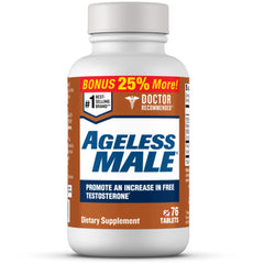 Ageless Male free-testosterone tablets on bottle for daily vitality