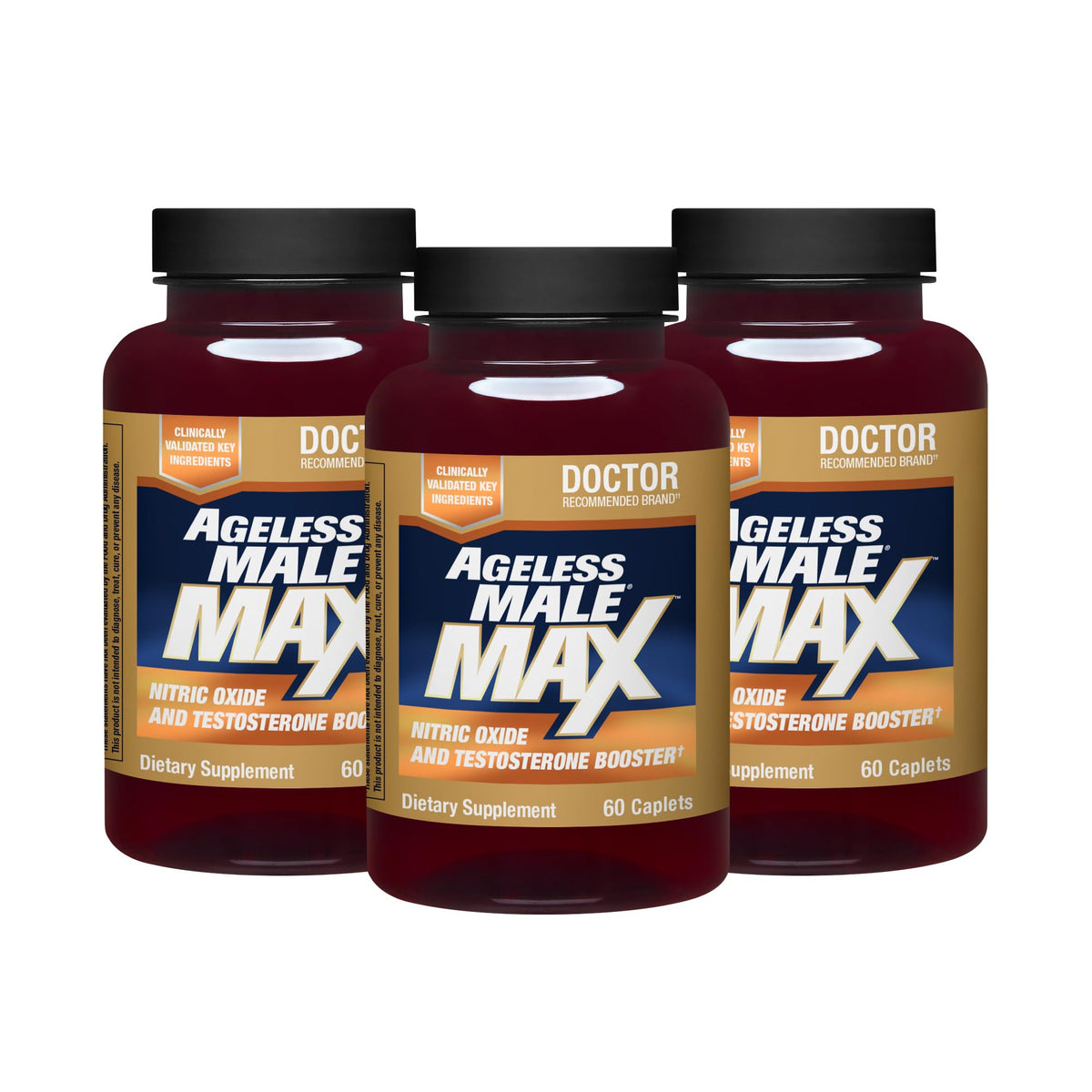Ageless Male Max bottle front view for daily energy and workouts.