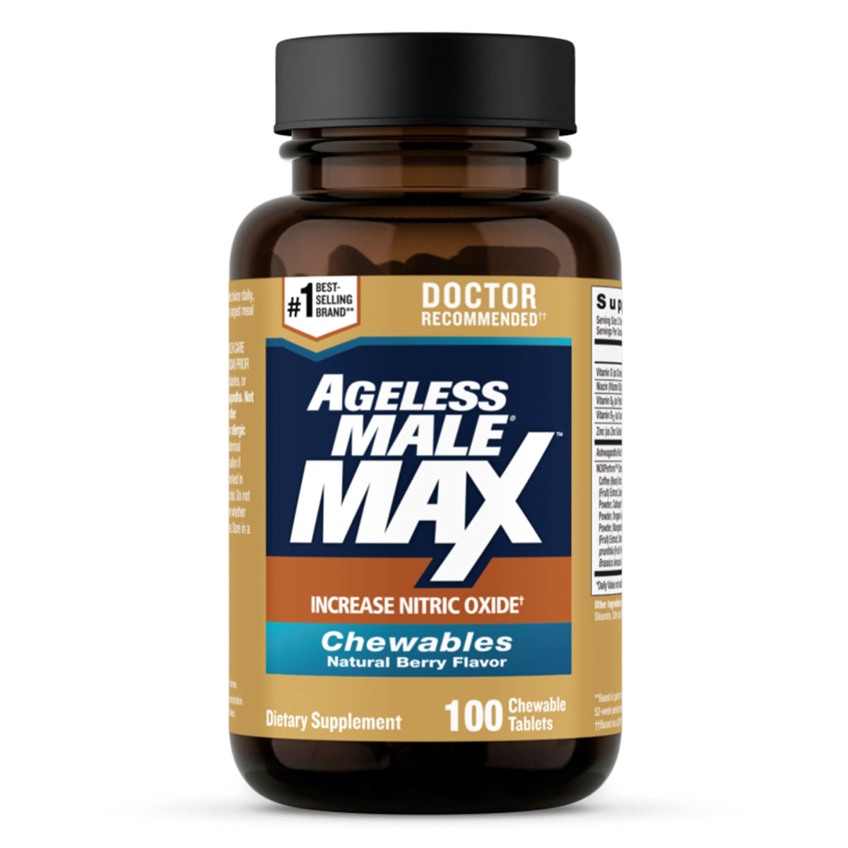 Ageless Male Max bottle-front showing chewable nitric oxide support for workouts