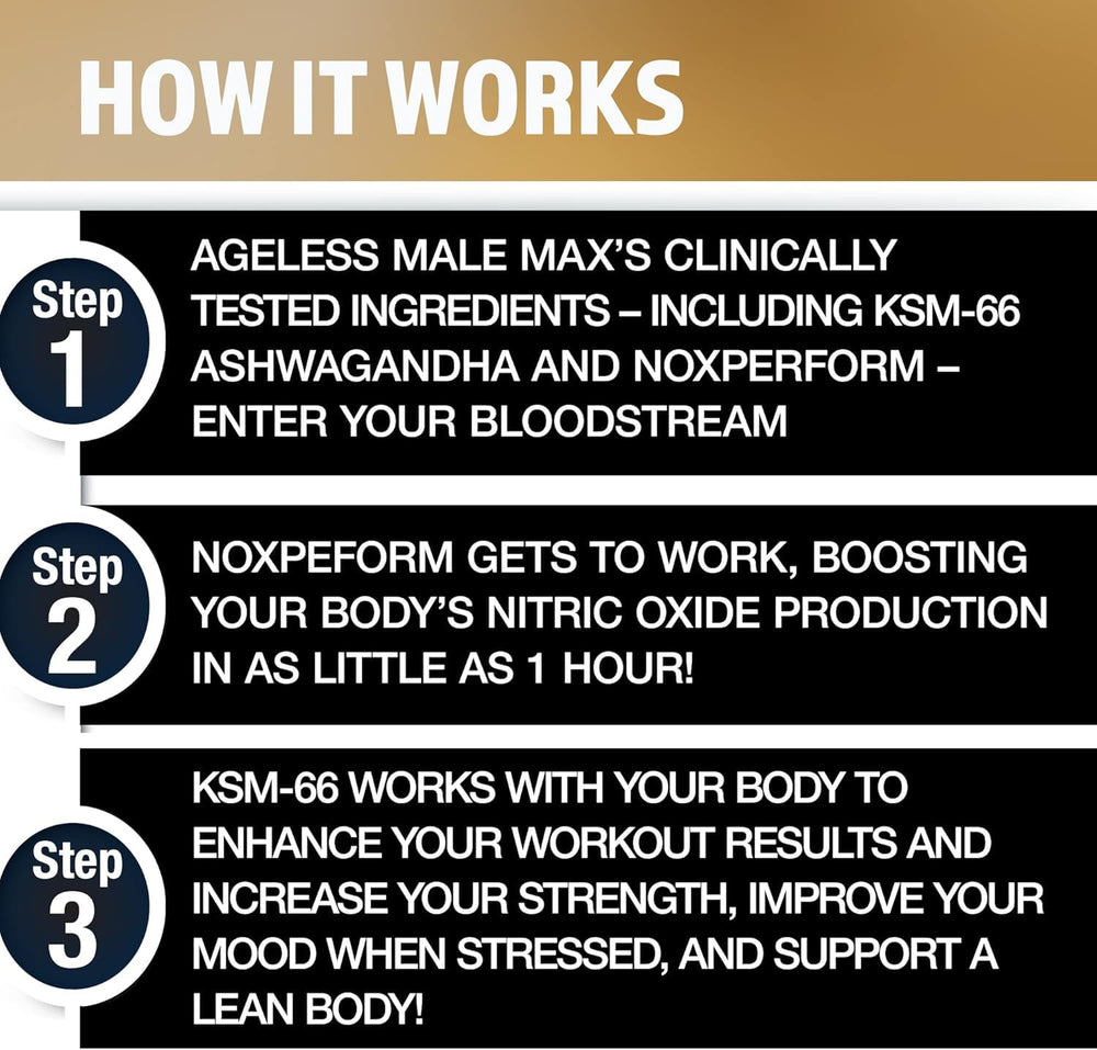 Ageless Male Max bottle label front highlighting NOXPerform and KSM-66 for performance.